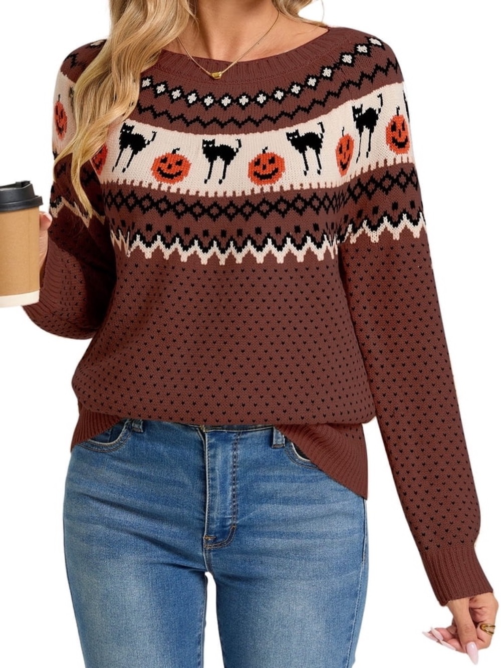 Women's Brown Halloween Fair Isle Sweater with Pumpkin & Cat Motif